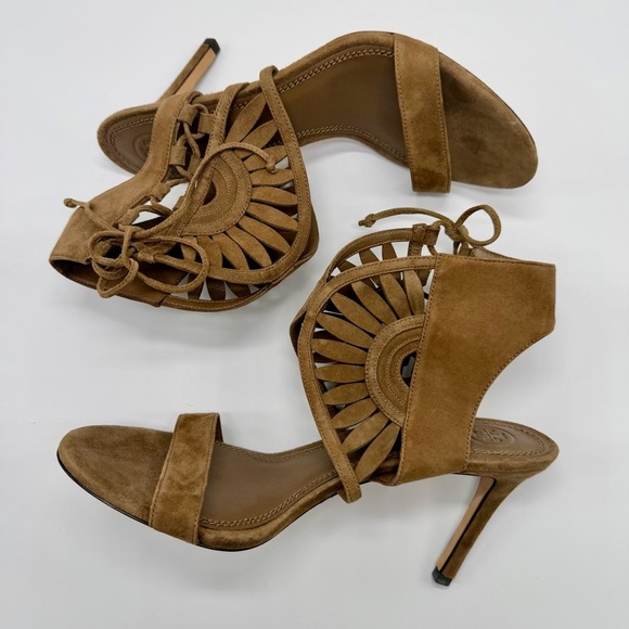 Tory Burch Tan Suede Lace-Up Sandal Heels Fan-Cut Side Detail US Size 8.5 - Picture 4 of 12